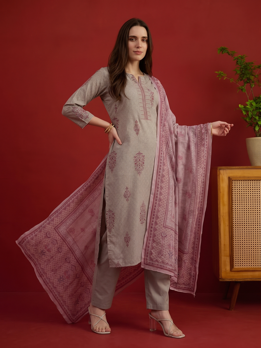 Women Ethnic Printed Regular Chanderi Cotton Kurta with Trousers With Dupatta