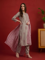 Women Ethnic Printed Regular Chanderi Cotton Kurta with Trousers With Dupatta