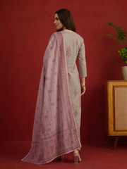 Women Ethnic Printed Regular Chanderi Cotton Kurta with Trousers With Dupatta