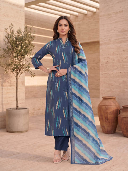 Women Printed Regular Chanderi Cotton Kurta with Trousers & With Dupatta
