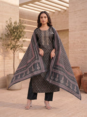 Women Ethnic Motifs Printed Regular Thread Work Chanderi Cotton Kurta with Trousers & With Dupatta