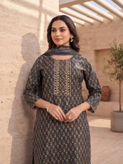 Women Ethnic Motifs Printed Regular Thread Work Chanderi Cotton Kurta with Trousers & With Dupatta
