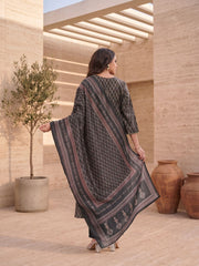 Women Ethnic Motifs Printed Regular Thread Work Chanderi Cotton Kurta with Trousers & With Dupatta