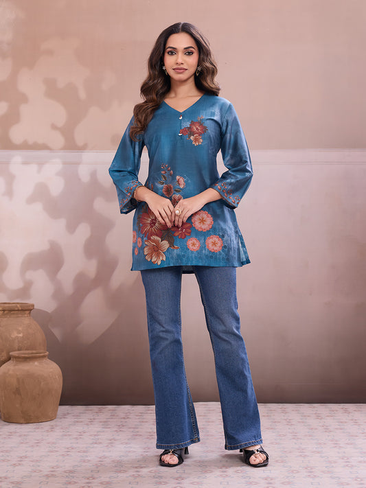 Floral Printed V-Neck Flared Sleeves Kurti