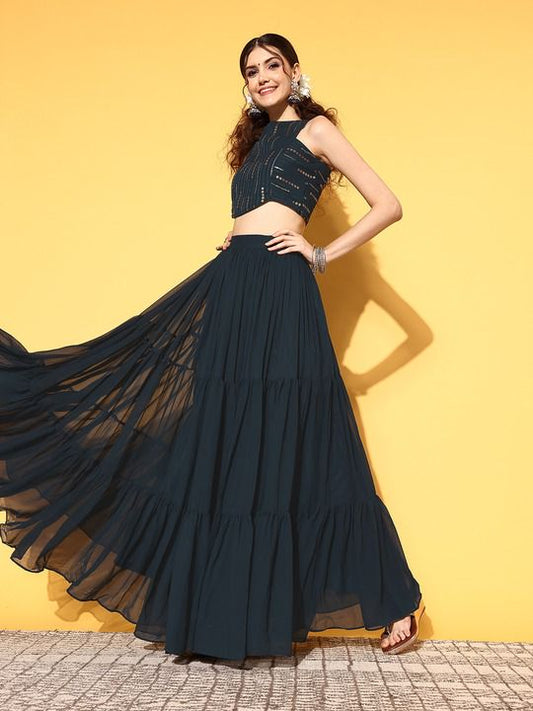 Women Stylish Navy Blue Embellished Top with Solid Skirt