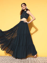 Women Stylish Navy Blue Embellished Top with Solid Skirt