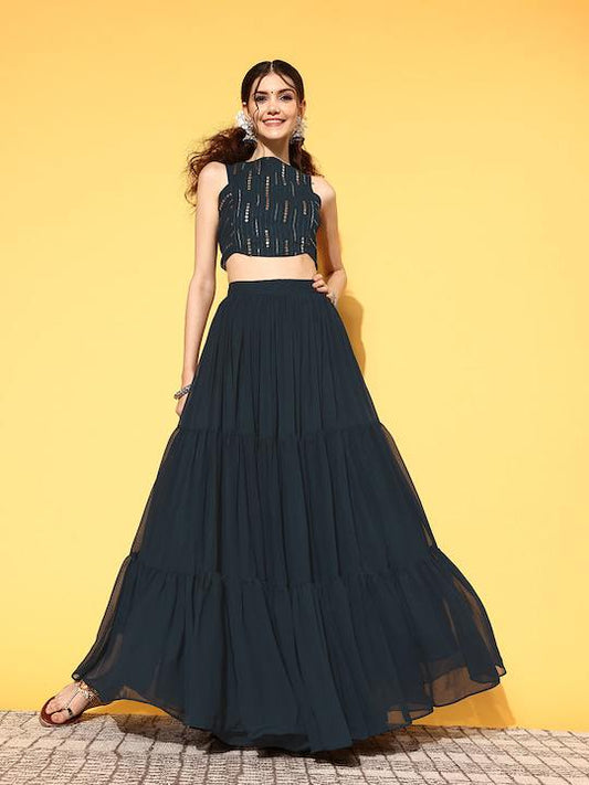 Women Stylish Navy Blue Embellished Top with Solid Skirt
