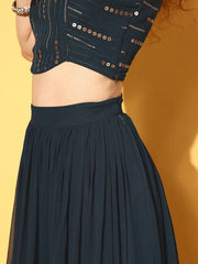 Women Stylish Navy Blue Embellished Top with Solid Skirt
