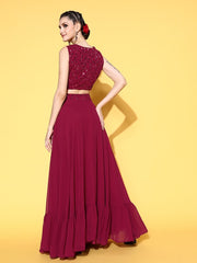 Women Enchanting Fuchsia Embellished Top with Solid Skirt