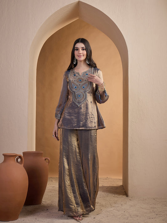 Women Embroidered Yoke Design Top With Palazzos Co-Ords