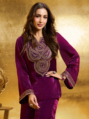 Women Floral Zari Embroidered Yoke Design Crushed Organza Co-Ords Set