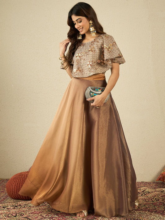 Floral Thread Work Top With Skirt Co-Ords