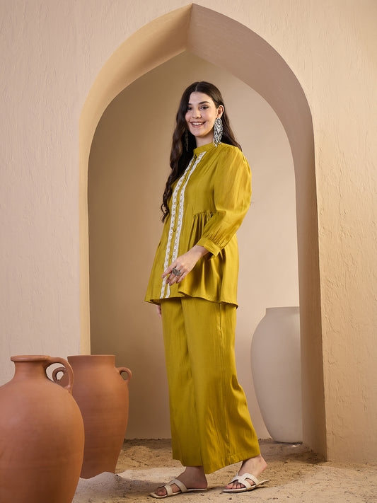 Embroidered Mandarin Collar Top & Palazzos Co-Ords