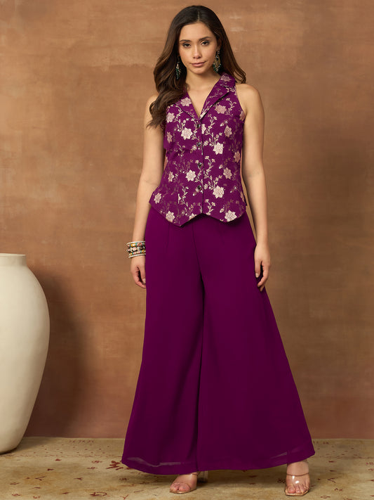 Women Floral Zari Woven Design Top With Palazzo
