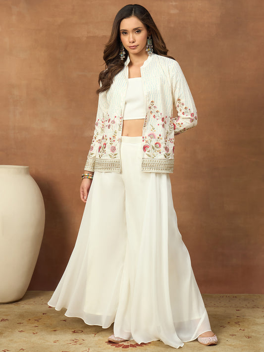 Women Floral Thread and Sequinned Embroidered Top with Palazzo