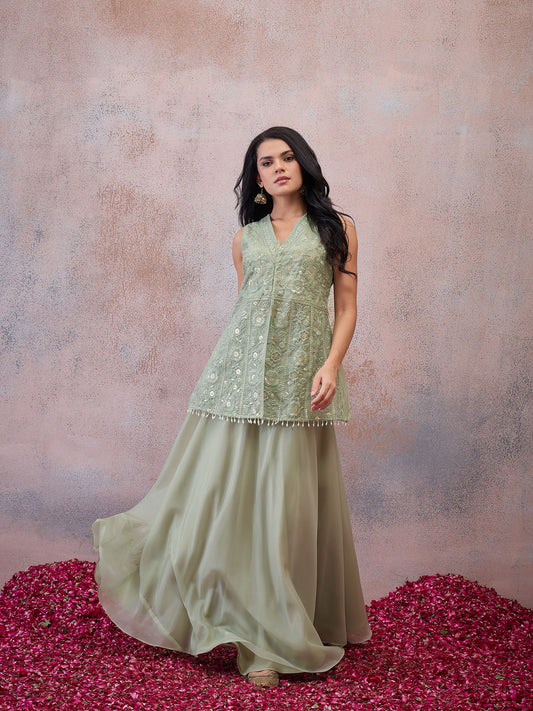 Organza Embroidered Top with Palazzos