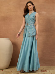 Women Floral Thread and Sequinned Embroidered Top with Skirt
