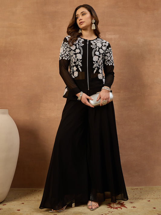 White Romance Embroidered Top With Palazzos & Jacket