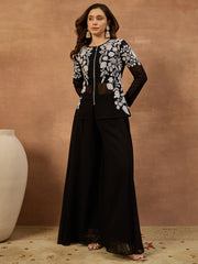 White Romance Embroidered Top With Palazzos & Jacket