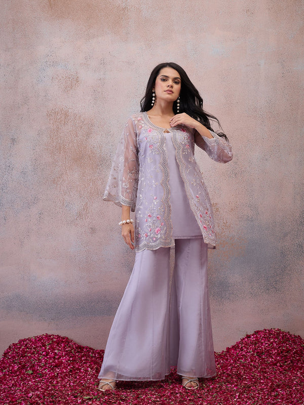 Floral Organza Embroidered Top with Palazzos