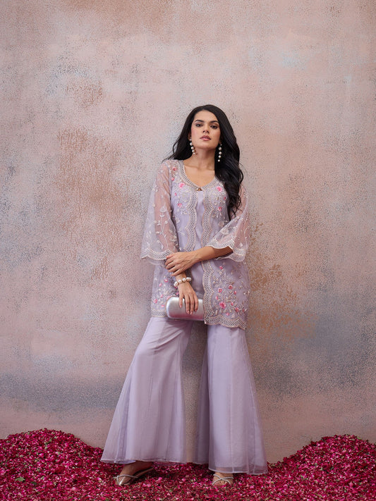 Floral Organza Embroidered Top with Palazzos