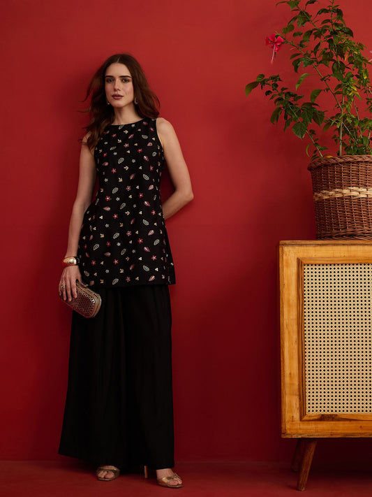 Silk Embroidered Top with Palazzos