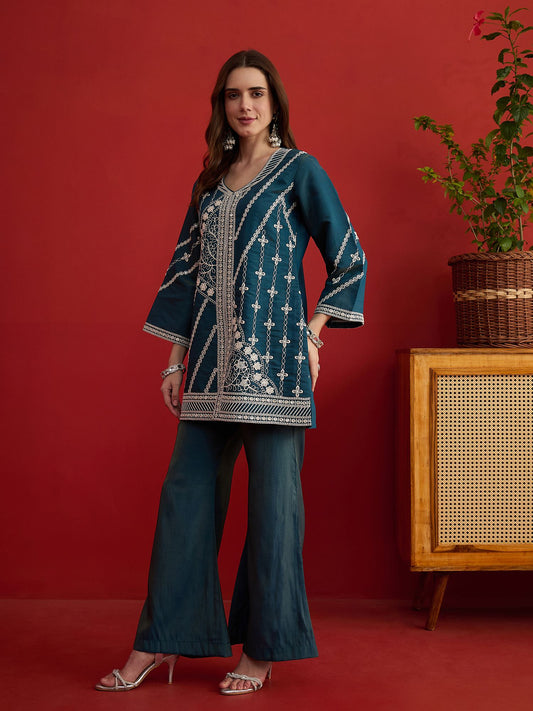 Silk Embroidered Top with Palazzos