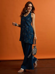 Women Floral Thread and Sequinned Embroiderd Top wih Palazzo Co-Ords set