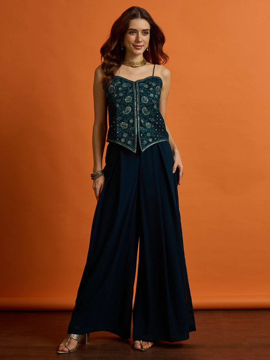 Grandeur & Majestic Artwork Embroidered Top with Palazzos