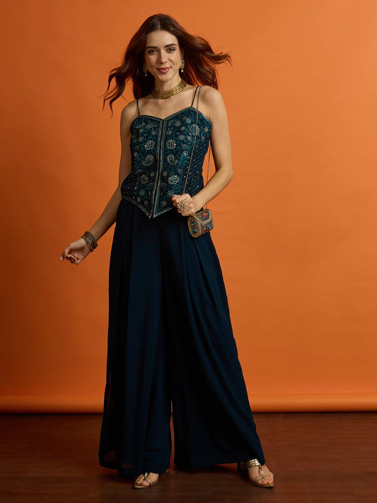 Grandeur & Majestic Artwork Embroidered Top with Palazzos