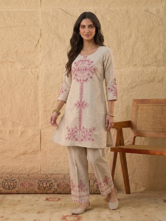 Floral Linen Embroidered Top with Palazzos