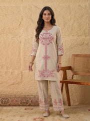 Floral Linen Embroidered Top with Palazzos