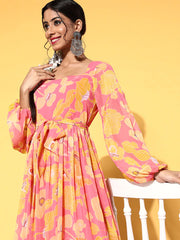 Floral Printed A-Line Maxi Ethnic Dresses