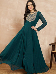 Teal Sequinned Embroidered Flared Maxi Dress