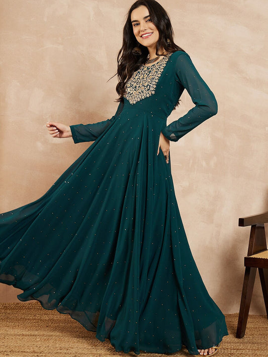 Teal Sequinned Embroidered Flared Maxi Dress