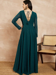 Teal Sequinned Embroidered Flared Maxi Dress