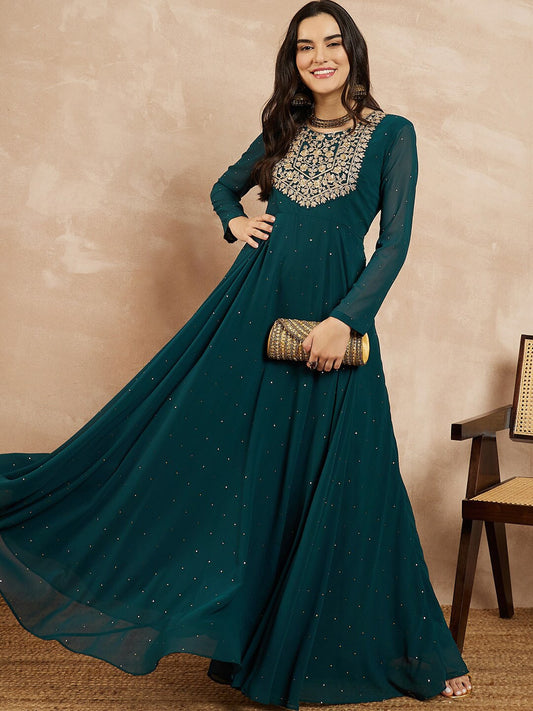 Teal Sequinned Embroidered Flared Maxi Dress