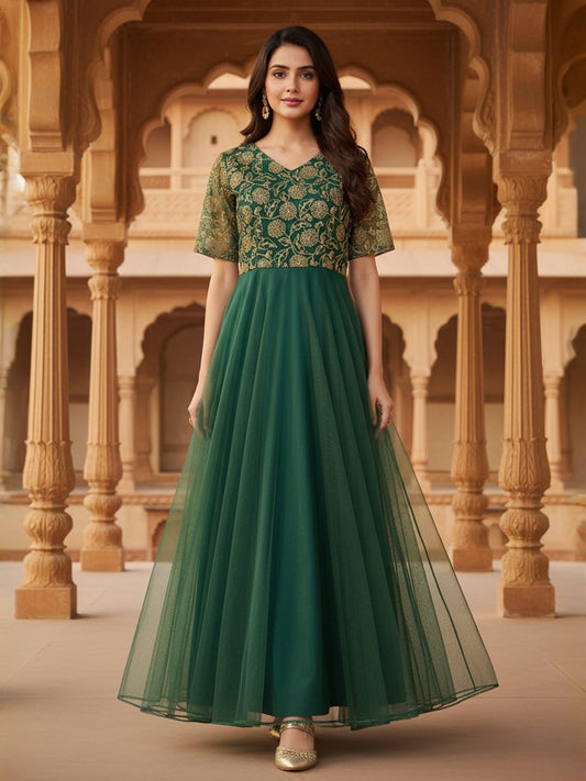 Green Thread & Sequinned Embroidered Gown Ethnic Dress