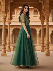 Green Thread & Sequinned Embroidered Gown Ethnic Dress