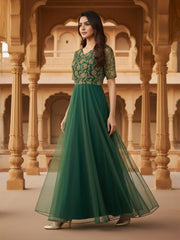 Green Thread & Sequinned Embroidered Gown Ethnic Dress