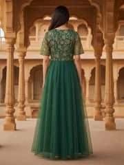 Green Thread & Sequinned Embroidered Gown Ethnic Dress