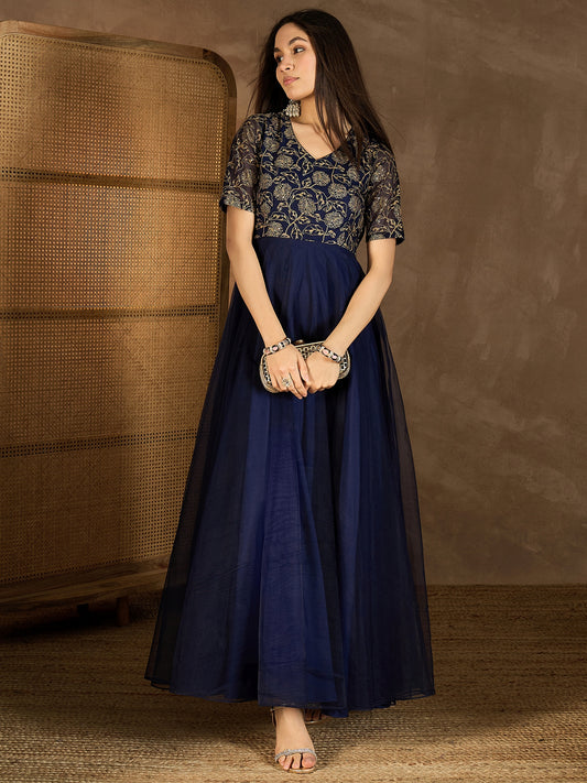 Embroidered V-Neck Gown Maxi Dress