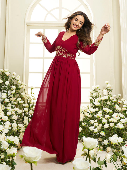 Floral Zari and Sequinned Embroidered Pleated A-Line Ethnic Dress