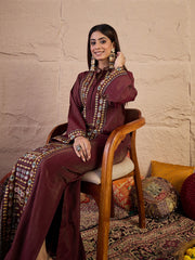 Floral Embroidered Sequinned A-Line Silk Maxi Ethnic Dress