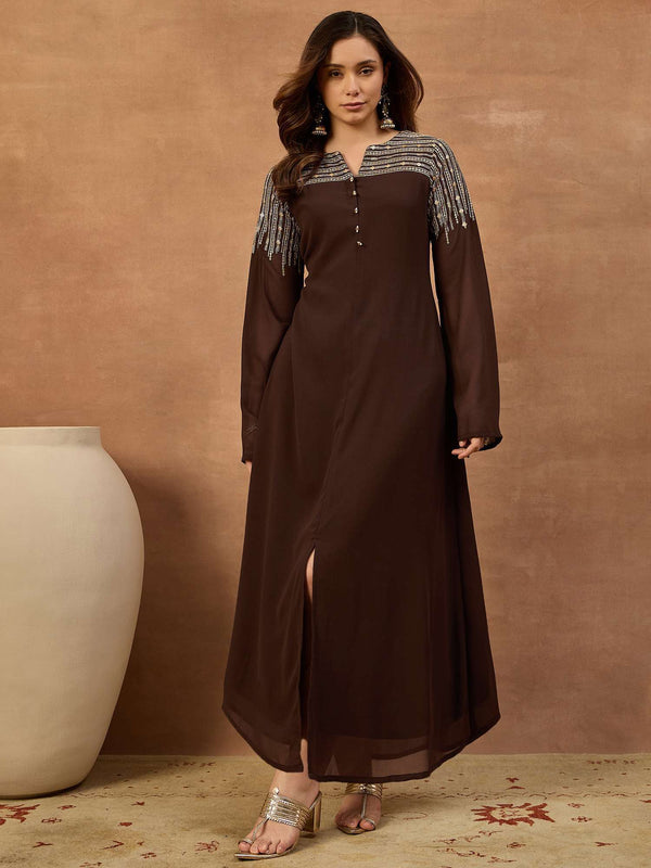 Embroidered Mandarin Collar Maxi Ethnic Dresses