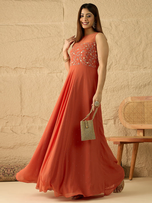 Embroidered Round Neck Gown Ethnic Dresses