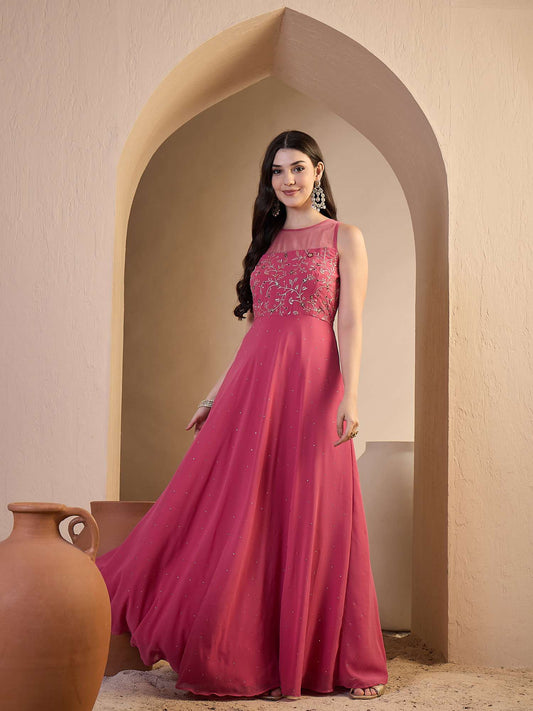 Women Floral Zari and Sequinned Embroidered Ethnic Dress