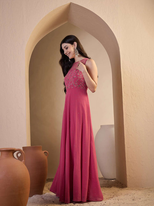 Women Floral Zari and Sequinned Embroidered Ethnic Dress