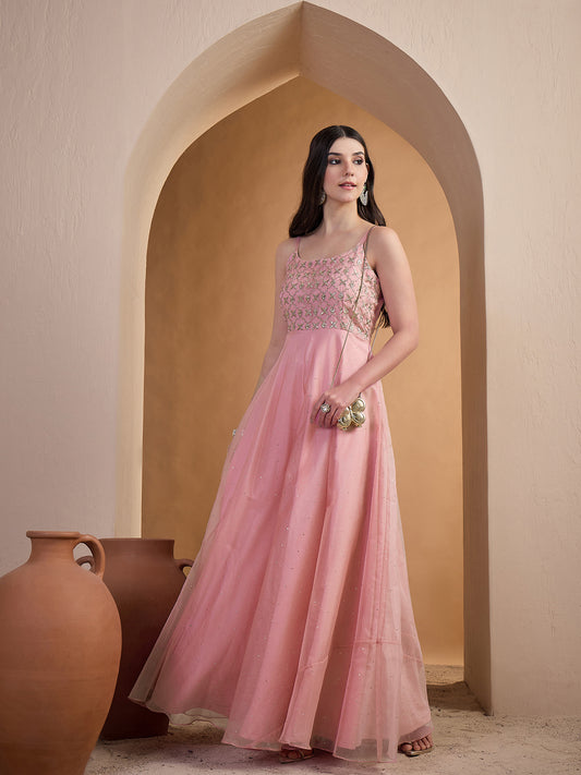 Women Ethnic Motifs Zari and Mukaish Embroidered Ethnic Dress