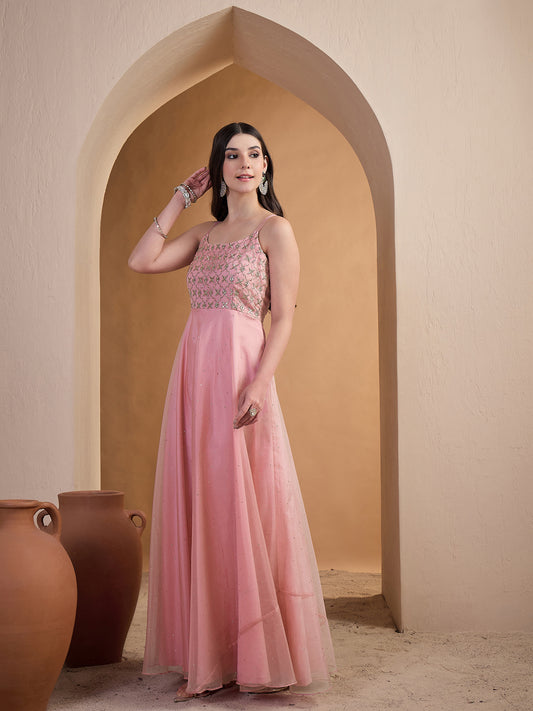 Women Ethnic Motifs Zari and Mukaish Embroidered Ethnic Dress